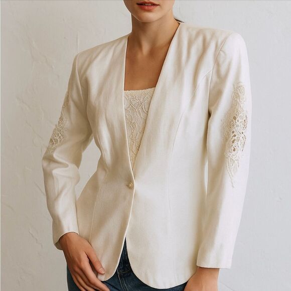 Vintage Jessica McClintock Blazer White Lace Pearl Size 10 - Picture 1 of 9